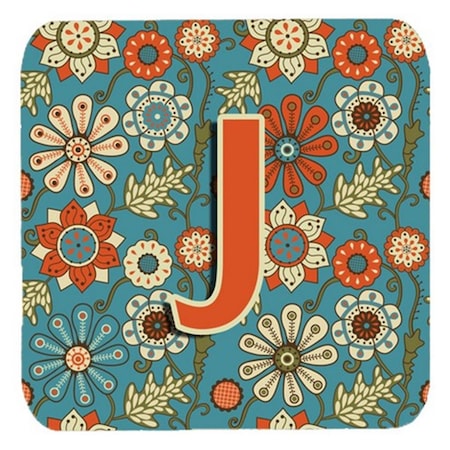 Letter J Flowers Retro Blue Foam Coasters- Set Of 4